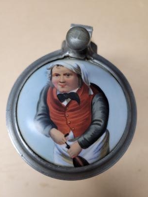 Glass stein with decorated porcelain inlaid lid