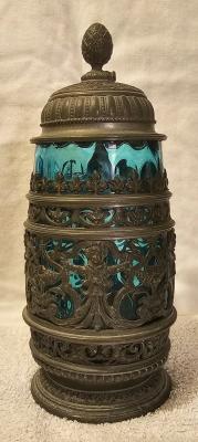 J Lichtinger Blue Glass with Silver Overlay Stein
