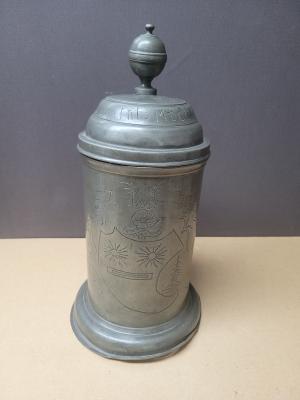 18th century pewter beer stein with historical inscription