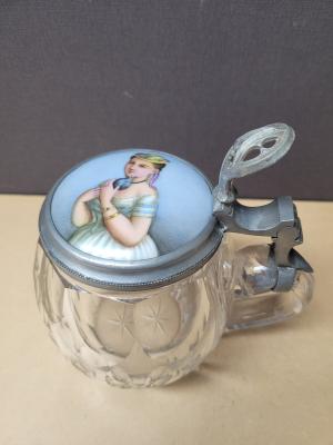 19th century glass stein with ceramic inlaid lid