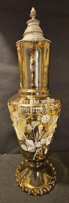 Theresenthial Amber GlassPpitcher with Floral Design and Saying